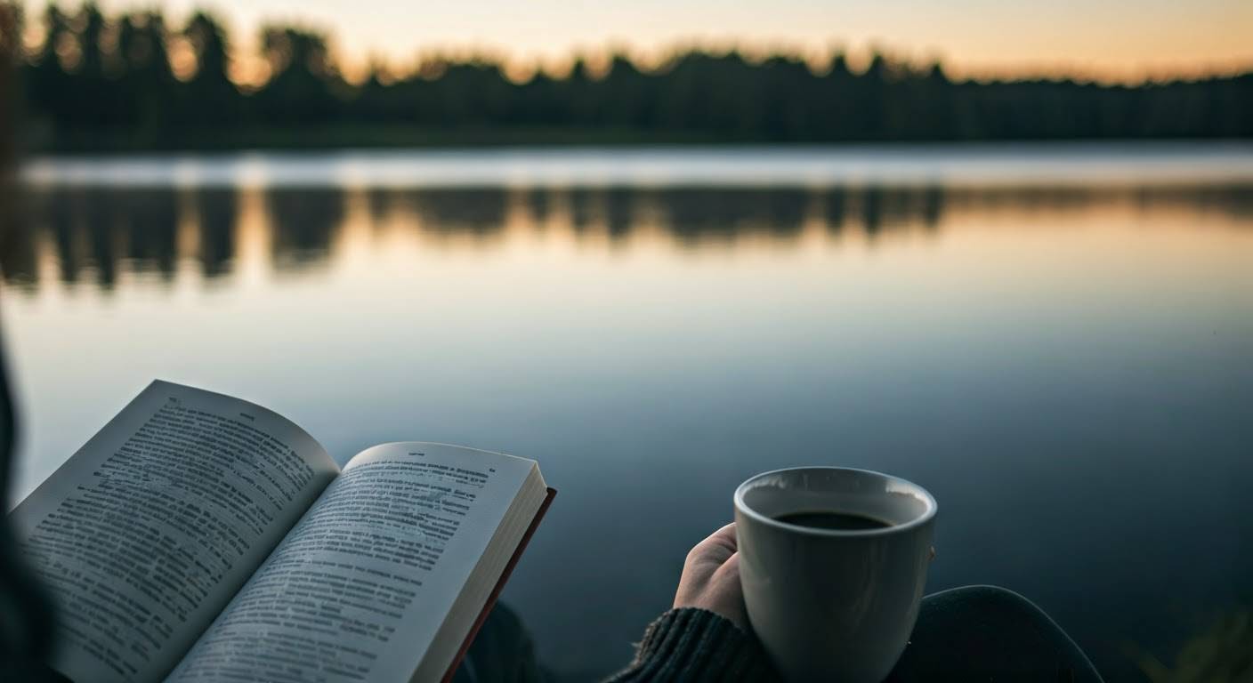 Friedliche Szene: Buch mit Kaffee am See